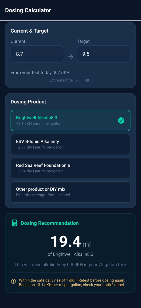 The Dosing Calculator starting from today's 8.7 dKH test and recommending 19.4 ml of Brightwell Alkalin8.3 to reach 9.5 dKH in a 75 gallon tank