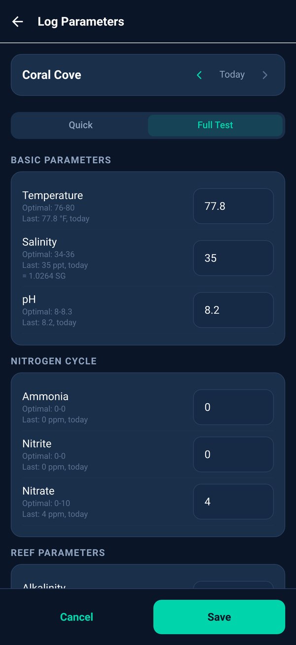 The Full Test log sheet: temperature, salinity, pH, the nitrogen cycle and reef parameters, each with its optimal range