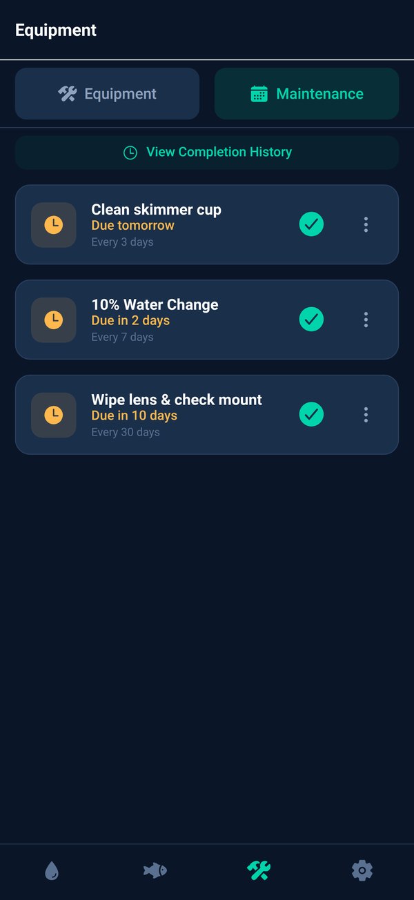 The maintenance schedule: clean skimmer cup due tomorrow, a weekly 10% water change due in 2 days, and a monthly lens wipe